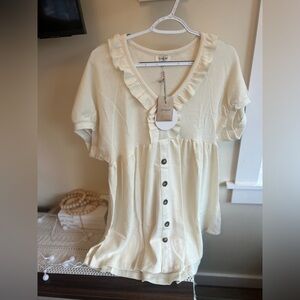 Umgee Cream Ruffle V-Neck Waffle Knit Top